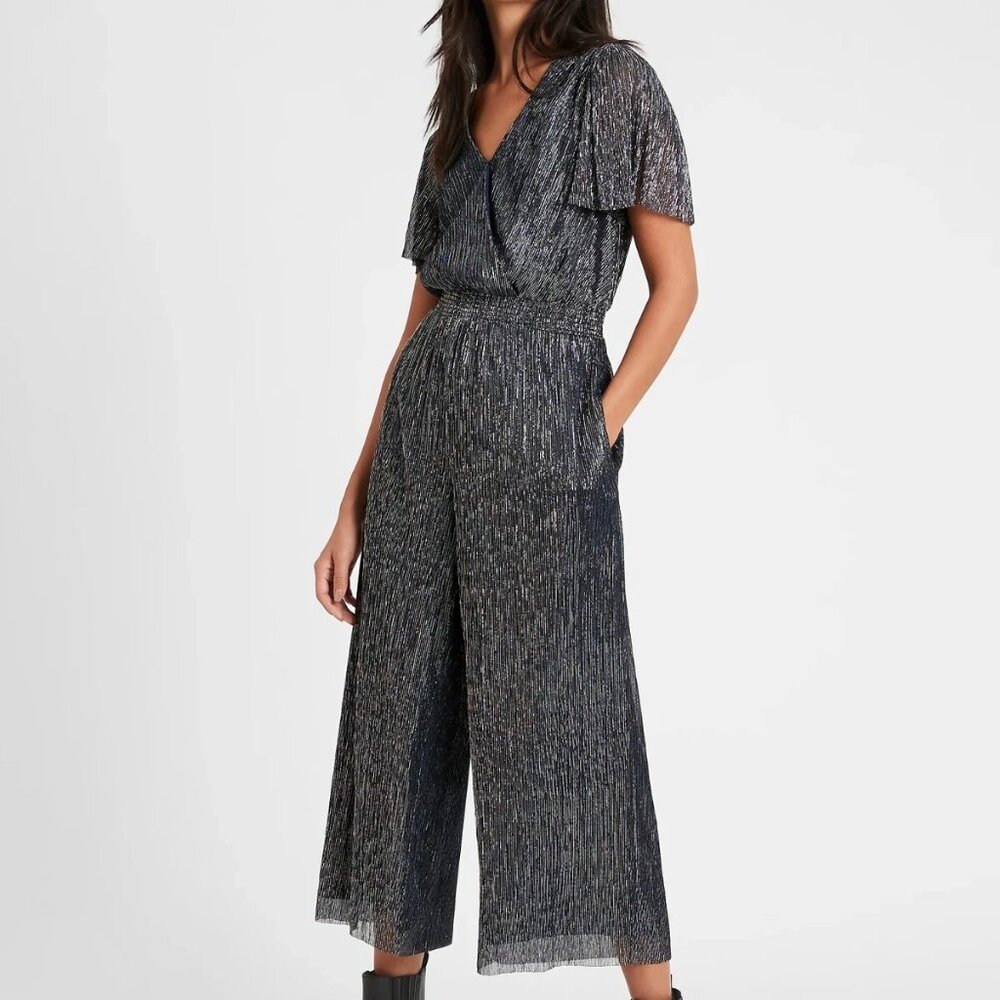Banana Republic Wide‎ Leg Jumpsuit NWT Navy Silver Shimmer Cocktail Party Sz M